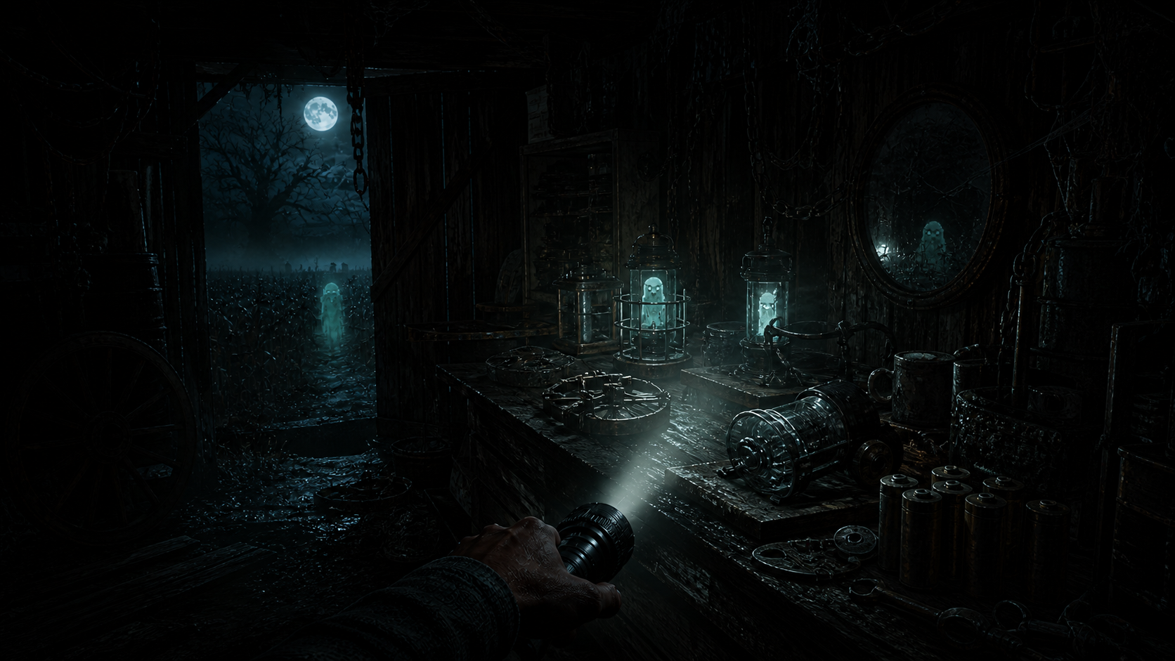 First-person view of lanterns traps and equipment inside the Hunter workshop