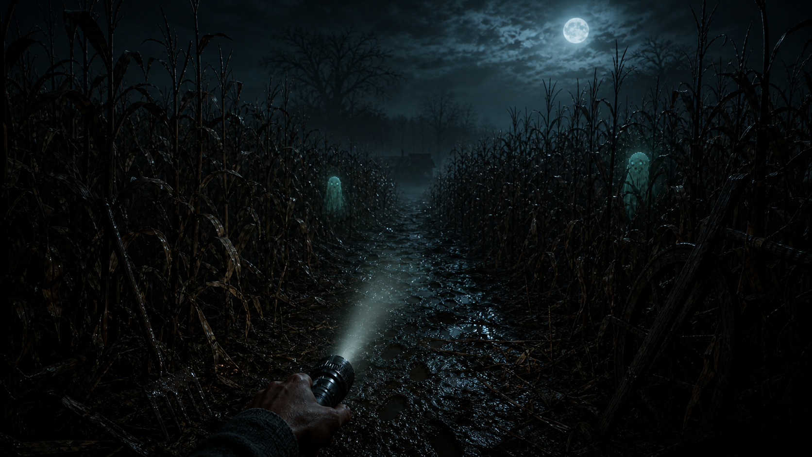 First-person Hunter following Sp00k spirits through a dark cornfield