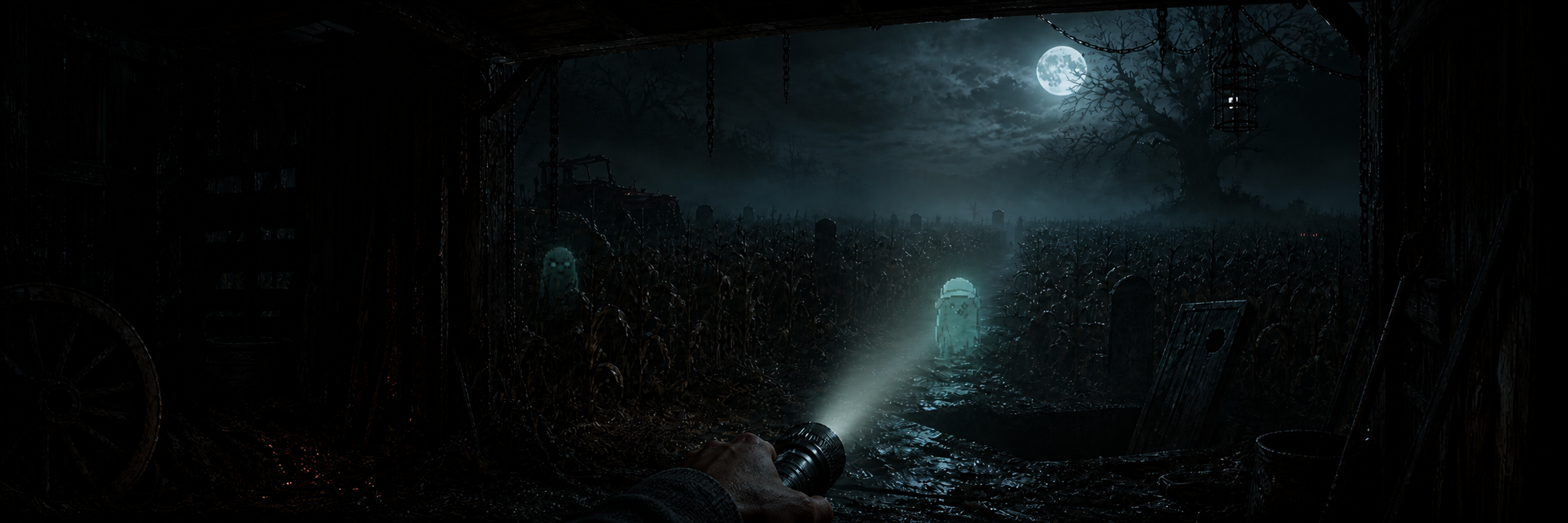 First-person Hunter illuminating Sp00k spirits outside the haunted barn