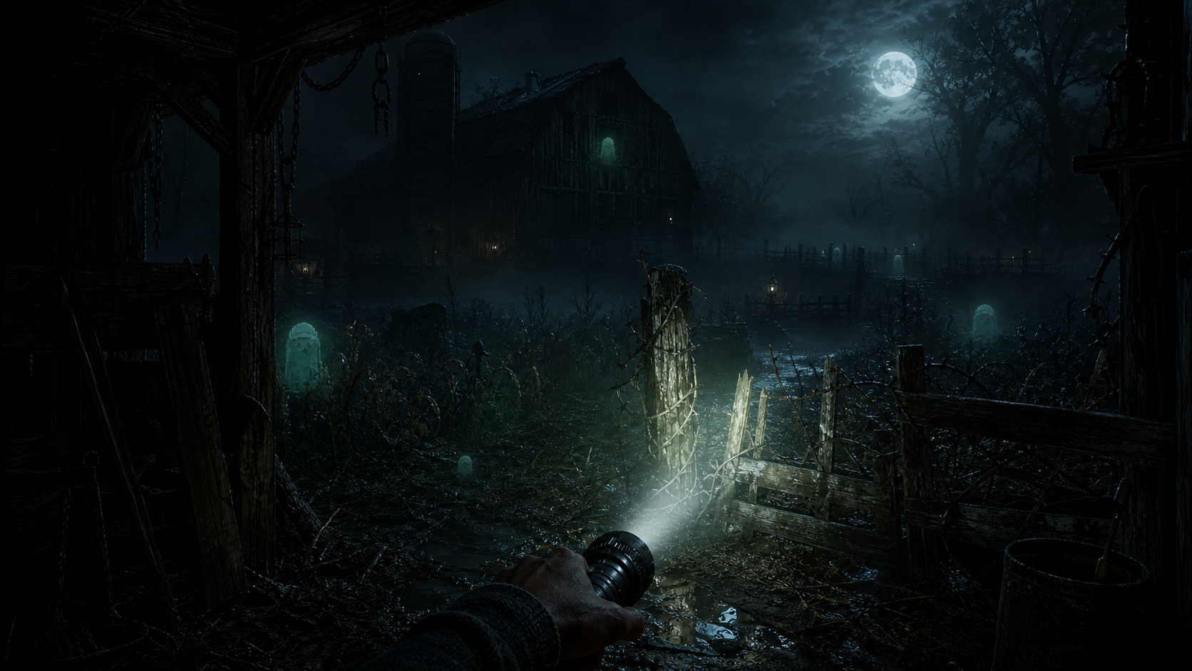 First-person Hunter entering a rival fortified haunted farm