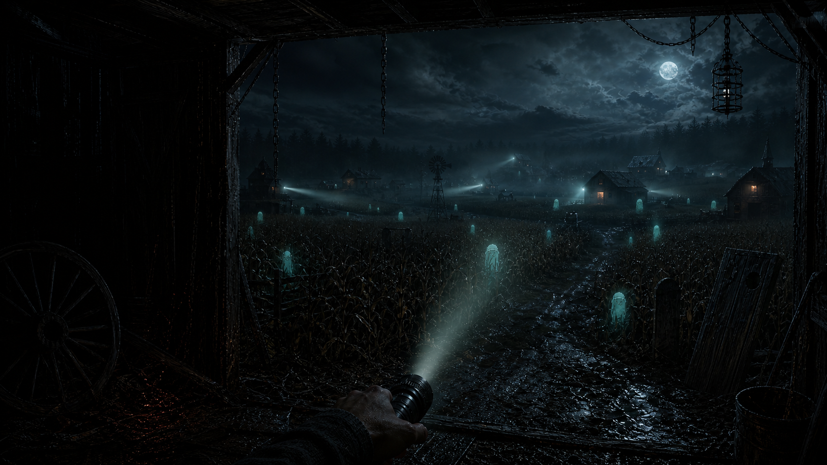First-person view across connected haunted farms and distant Hunters
